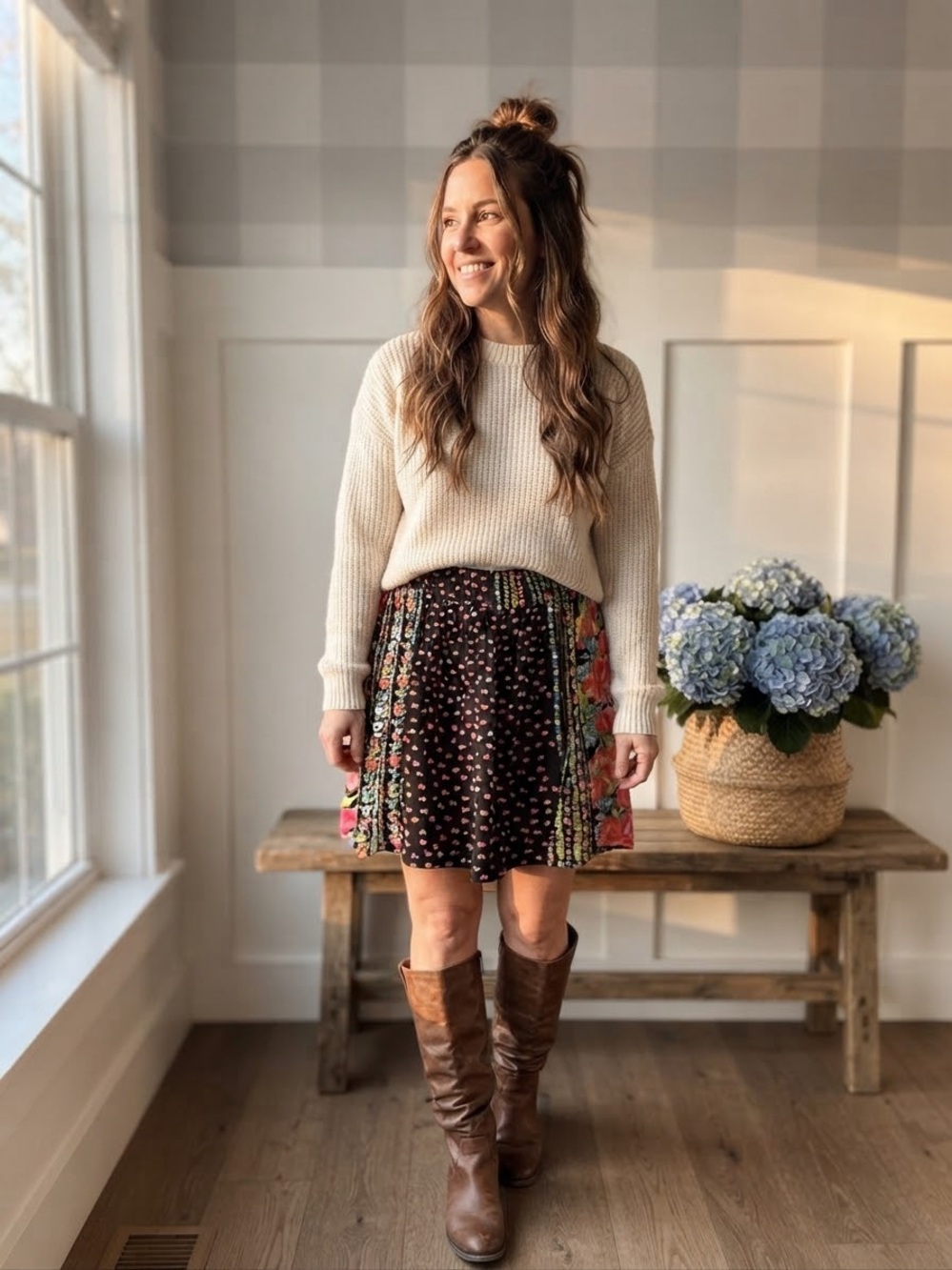 Black Floral Mini Skirt with Colorful Side Panels